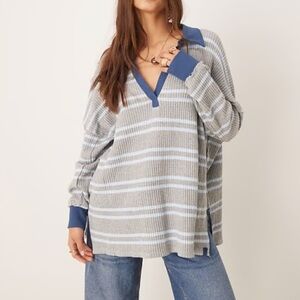 Free People 🩶🩵 Travis Striped V-Neck Sweater polo with Blue Accents NWT